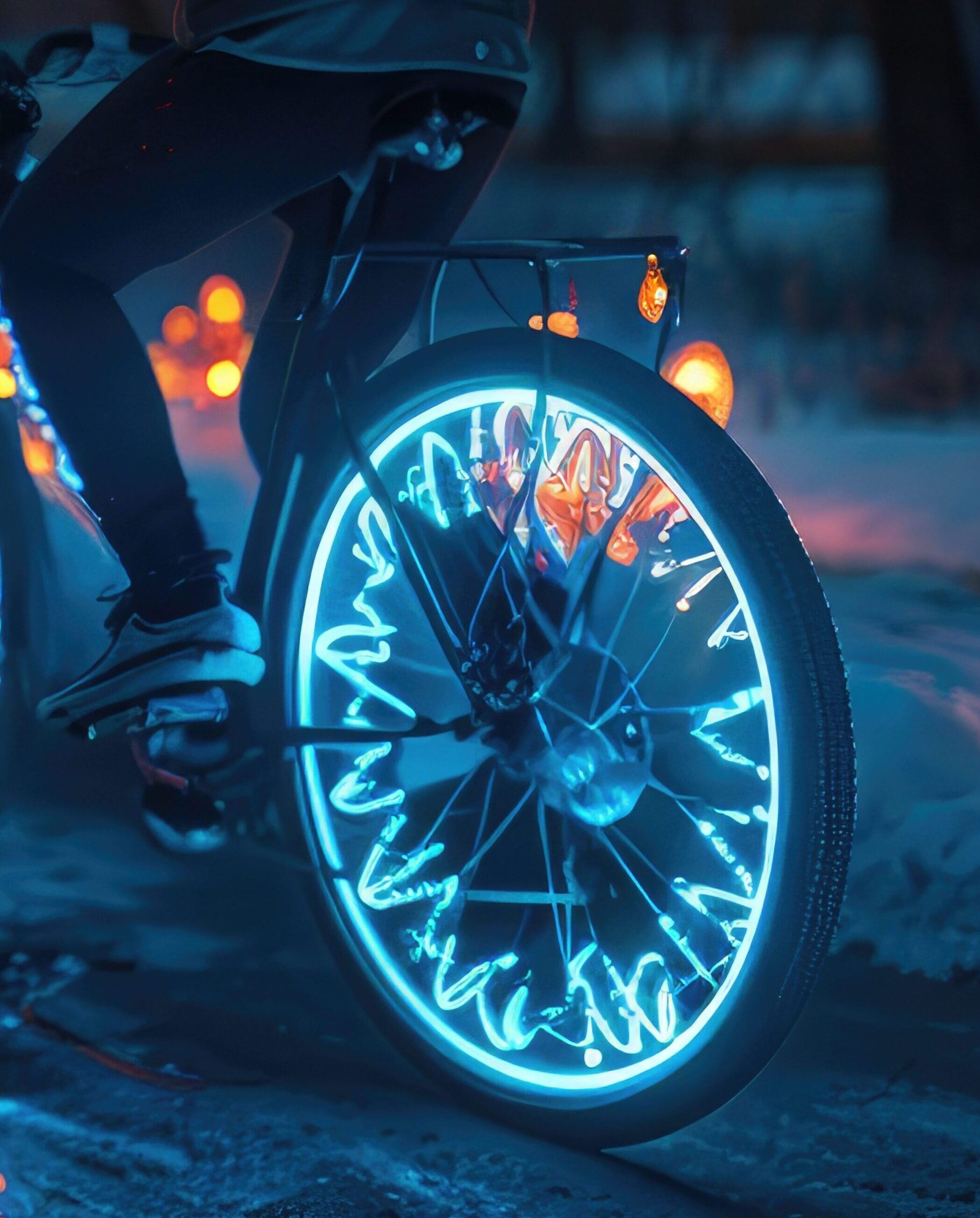 A bicycle's wheels adorned with lights, and flower shaped lights illuminating the path as the cyclist pedals through the twilight hour.